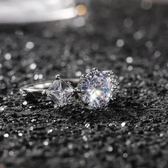 ▶CZ Square Leaf 925 Silver Plated Wedding/Engagement Ring for Women, K940 - Picture 8 of 10